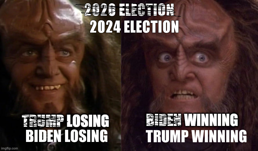 The meme is a split-screen image of a character from the TV show "Star Trek: Deep Space Nine" with a shocked expression. The left side of the image shows the character in a state of shock, with the text "I... I... I... WINNING" written in a distressed font. The right side of the image shows the character with a more calm and confident expression, with the text "I... I... I... WINNING" changed to "I... I... I... LOSING". The text at the bottom of the image reads "2020 ELECTION" and "2024 ELECTION" respectively.